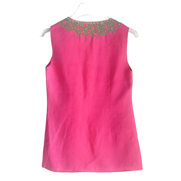 Lafayette 148 Fuchsia Pink Linen Tank Size 0  Beaded Embroidered Sequin Neckline - Picture 3 of 6